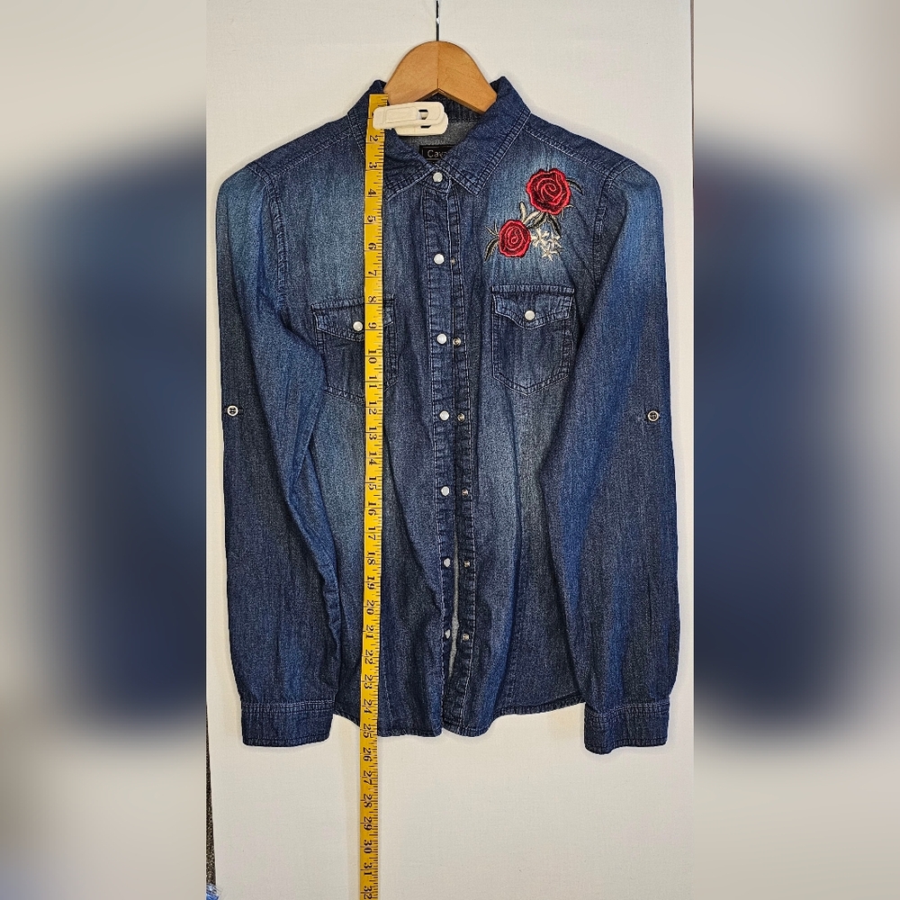Women's Denim Western Coastal Cowgirl Cavalini Long Sleeve Pearl Button Up - Picture 2 of 3